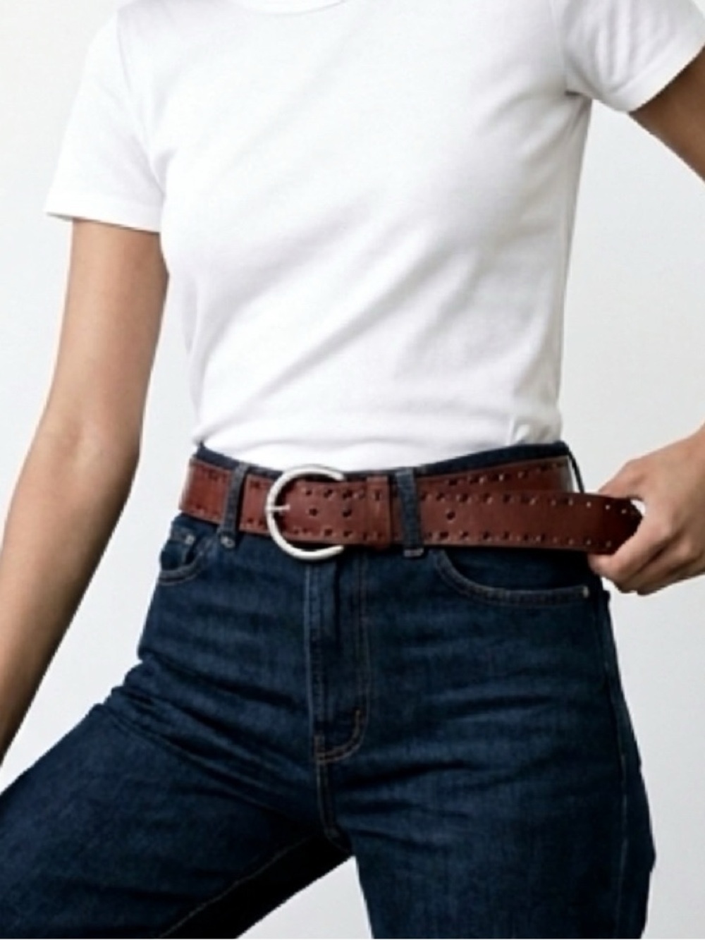 NWT Fossil Silver Tooled Eyelets and Studded Brown Leather Belt 39.5 Length